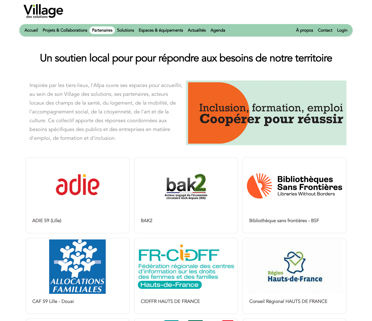 Page Partenaires d'un Village des solutions